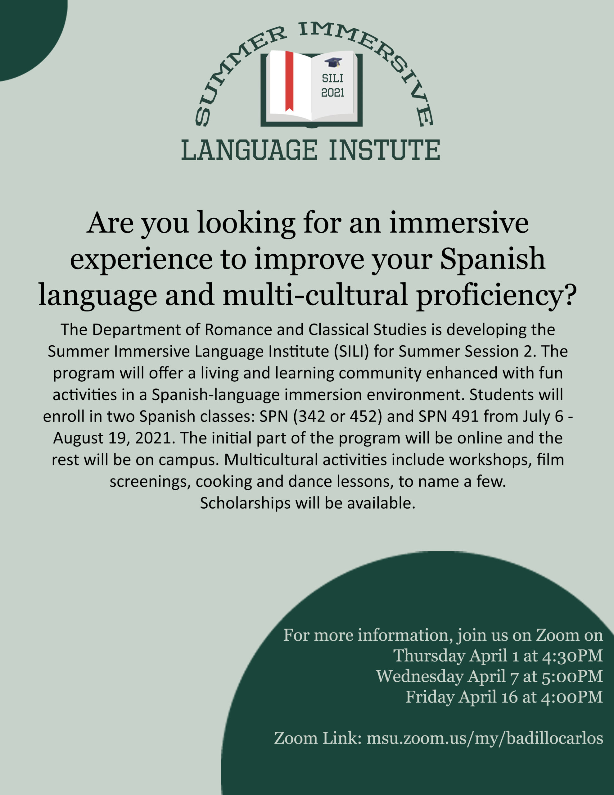 Read more about the article Summer Immersive Language Institute (SILI) Information Sessions: April 1st, 7th, and 16th