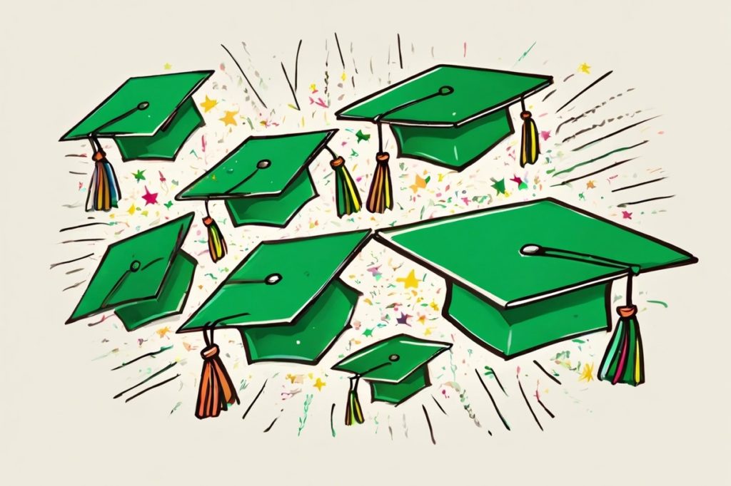 Drawing of green graduation caps.