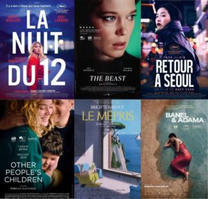 A collection of six film posters arranged in two rows. From left to right in the top row: "La Nuit du 12" (a woman in a red coat at night), "The Beast" (a close-up of a woman's face), and "Retour à Séoul" (a woman in a black coat in front of neon lgihts). Bottom row: "Other People's Children" (a smiling woman and man with a child), "Le Mépris" (a woman lounging in a room above the ocean), and "Banel & Adama" (a woman in a red dress laying on cracked earth).