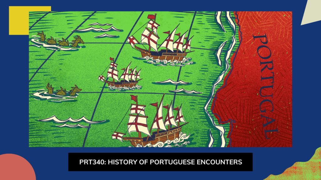 A stylized map illustration showing Portuguese exploration themes. It features several sailing ships with red crosses on white sails, navigating a green ocean grid. The map includes mythical sea creatures and waves, evoking historical cartographic styles. The right side is a textured red panel with the word "Portugal" written vertically, emphasizing the country's maritime legacy.