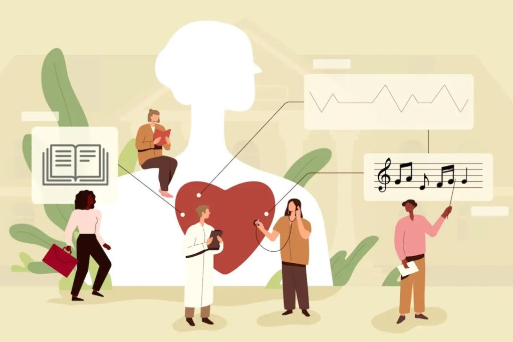 Graphic image with beige background showing and white outside of a person and a big red heart in the center. Also included are three images of people, one a business woman carrying a briefcase, two medical personnel, one a music teacher pointing at musical notes, and another person reading a book.