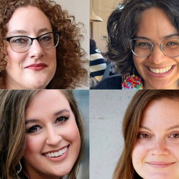 Alt-text: A collage of four headshots of women arranged in a 2x2 grid. Top left: A woman with curly red hair, glasses, and red lipstick, wearing a dark top. Top right: A woman with short curly dark hair, glasses, and a wide smile, wearing colorful beaded earrings. Bottom left: A woman with long brown hair, smiling, wearing a black top. Bottom right: A woman with long straight brown hair, a natural expression, and a light-colored top, standing in front of a neutral background.
