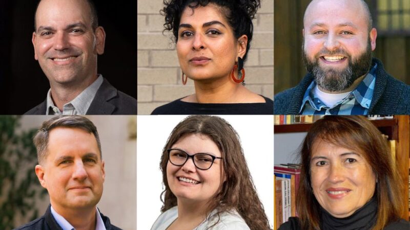 Collage of six professional headshots arranged in two rows of three. Top row: a smiling man in a suit jacket, a woman with curly hair wearing large earrings, and a smiling man with a beard in a plaid shirt and sweater. Bottom row: a man in a vest and collared shirt, a smiling woman with glasses and long hair, and a woman in a turtleneck sweater in front of a bookshelf.