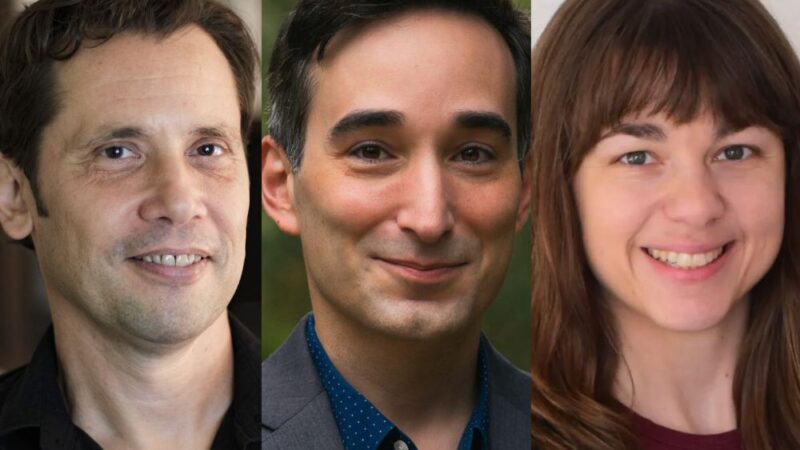 Three head-and-shoulders portrait photos displayed side by side. From left to right: a person with short dark hair wearing a dark shirt, a person with short dark hair wearing a blazer and collared shirt, and a person with long brown hair and bangs wearing a maroon top. All are facing the camera and smiling.