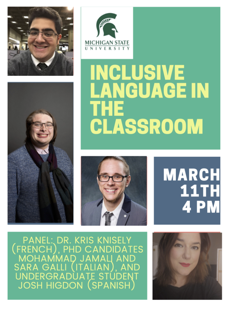 Flyer for Inclusive Language in the Classroom, March 11th, 4PM EST