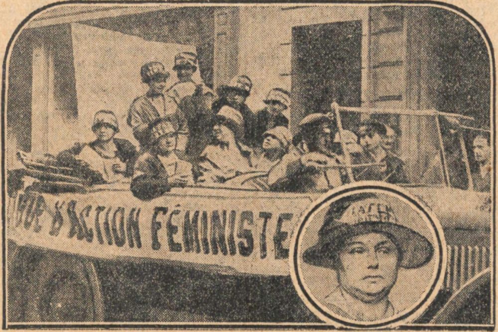 An old photo of a black-and-white illustration of a group of people in a vehicle with a detailed view of one expressionless woman in a circle at bottom right.