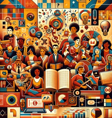 Colorful representation of diverse public, books, music, media and ideas.