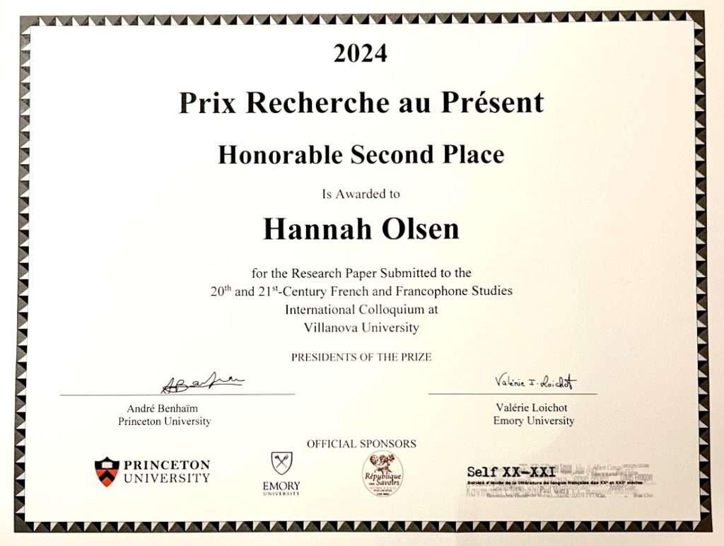 Hannah Olsen's Honorable Second Place Award n the Prix de Recherche.