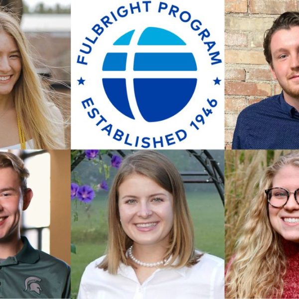 A photo composition of a series of students and a logo in shades of blue.